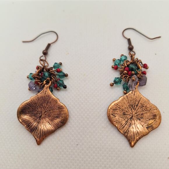 Copper Dangle Earrings With Multicolor Bead Cluster - Picture 4 of 5